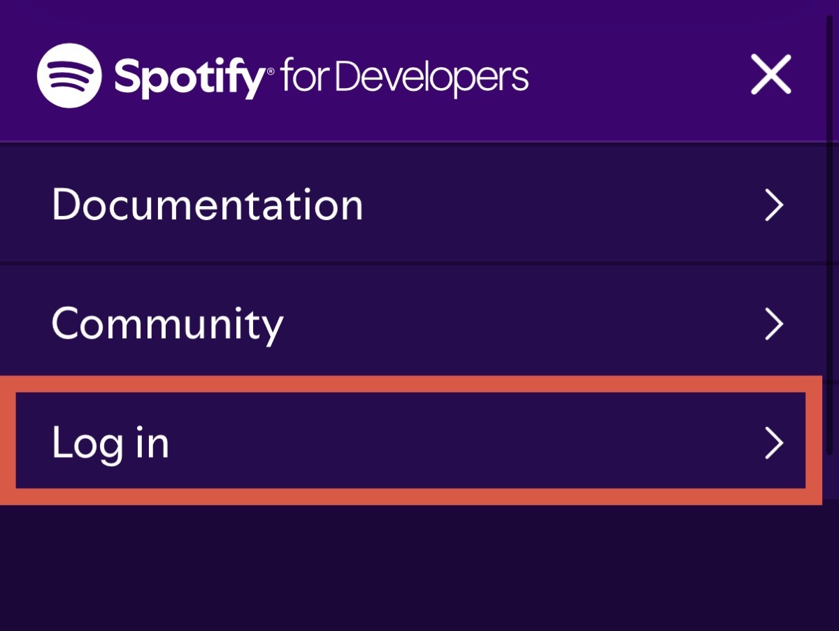 Spotify for Developers 選單中的 Log in